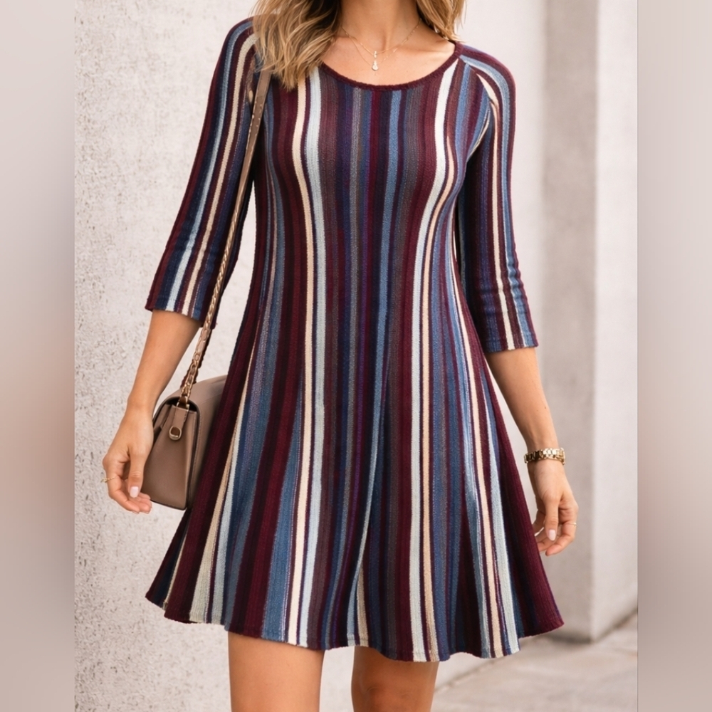 Anthropologie Moth Nora Knit Swing Dress Striped Burgundy Blue 3/4 Sleeve Boho S
